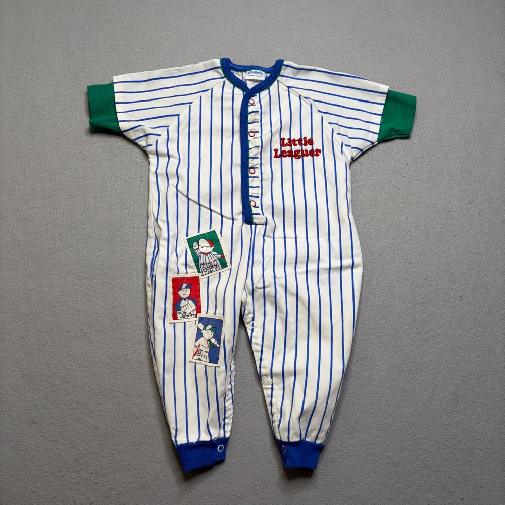 Carter's Romper Kids 18M White Blu Little Leaguer Vintage 80s Baseball Pinstripe